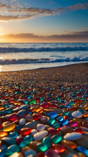 a beach with many colored glass bottles on it