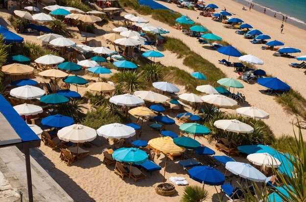 Photo a beach with many umbrellas and chairs on the sand