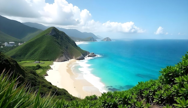 a beach with a mountain in the background and a beach in the foreground