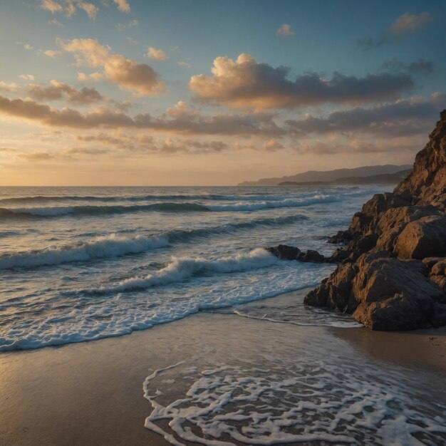 a beach with a mountain in the background and the ocean in the foreground