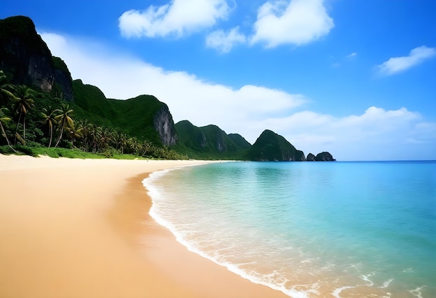 a beach with a mountain in the background