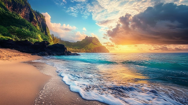 Photo a beach with a mountain in the background