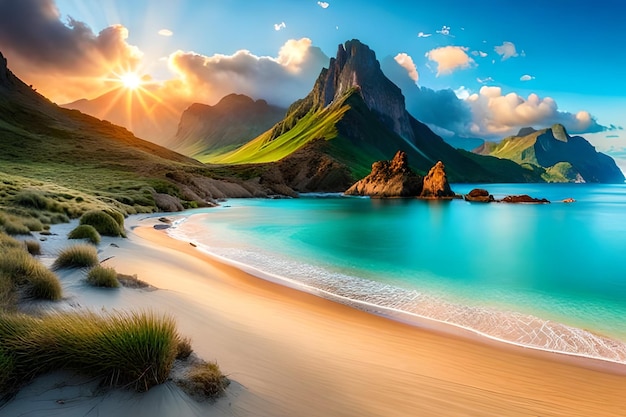 A beach with a mountain in the background