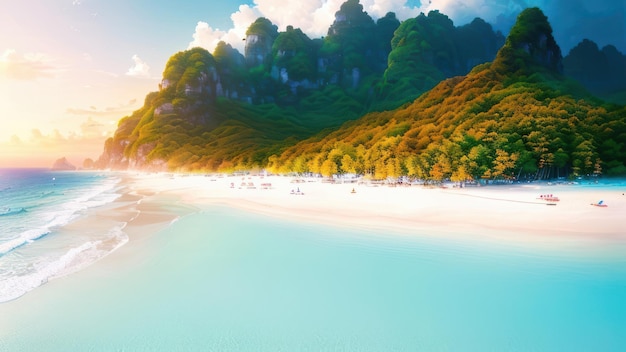 A beach with a mountain in the background