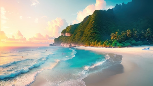 A beach with a mountain in the background