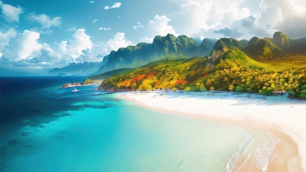 A beach with a mountain in the background