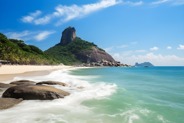 A beach with a mountain in the background