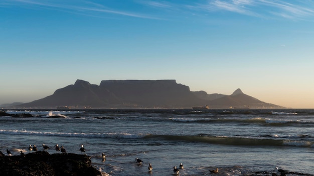 A beach with a mountain in the background