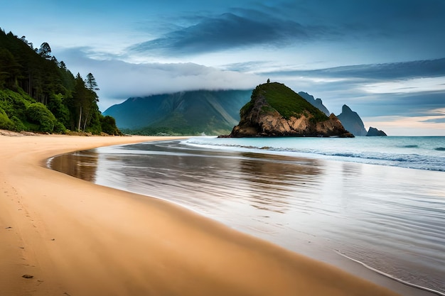 A beach with a mountain in the background