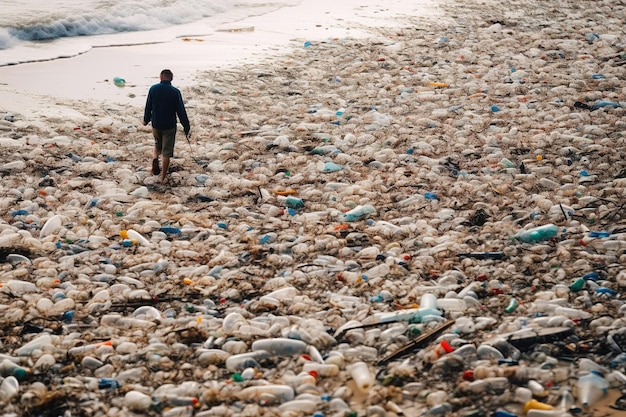 A beach with a mountain of plastic garbage scattered along the entire coastline in the background