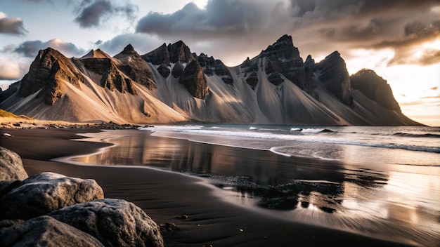 Photo a beach with mountains in the background