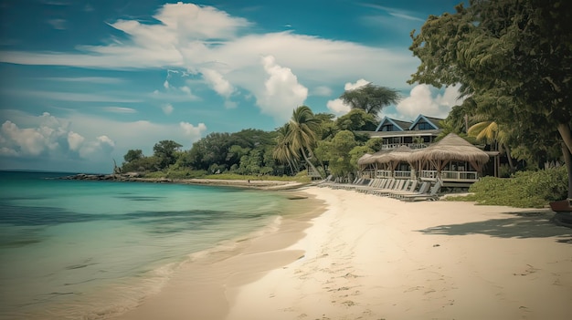 A beach with a palm tree in the background