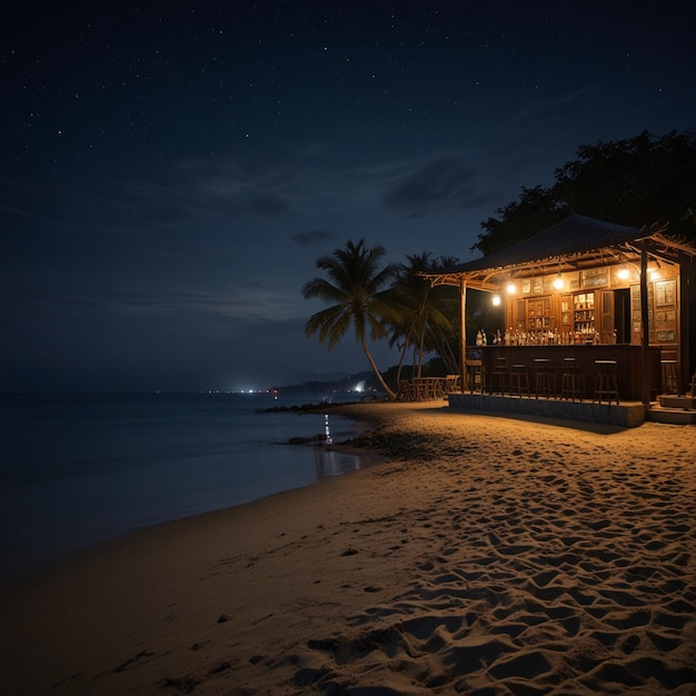 a beach with palm tree and bar at night