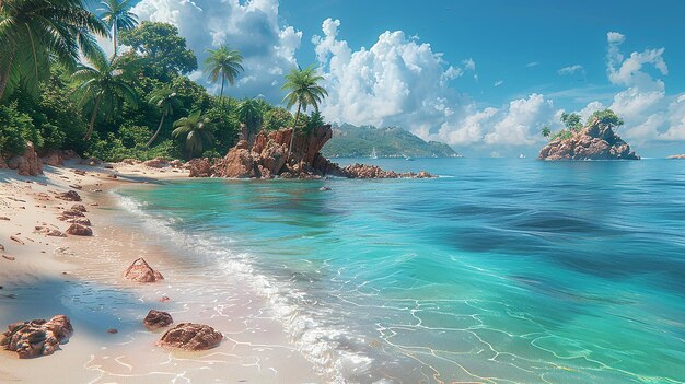 a beach with a palm tree and a beach in the background