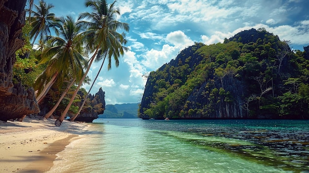 a beach with a palm tree and a beach in the background