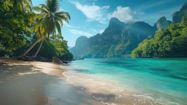 a beach with a palm tree and a beach in the background