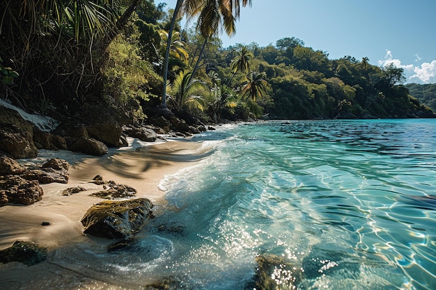 a beach with a palm tree and a beach in the background