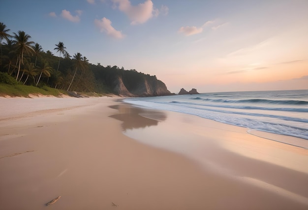 a beach with a palm tree and a beach in the background