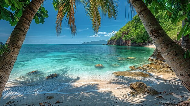 a beach with a palm tree and a beach with a view of the ocean