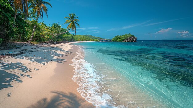 a beach with a palm tree and a blue water