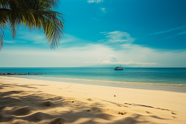 A beach with a palm tree and a boat on the water