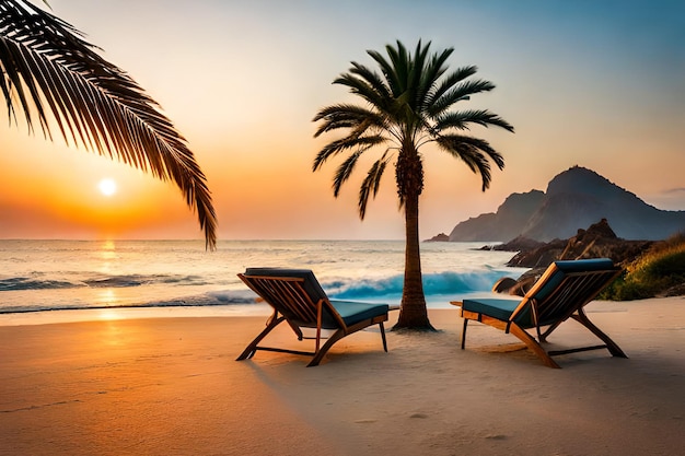 A beach with a palm tree and chairs on it