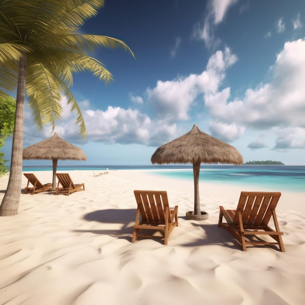 A beach with a palm tree and chairs with a beach umbrella on it.