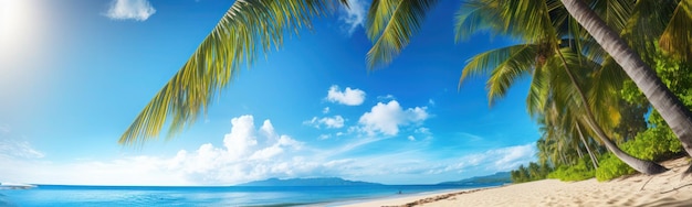 A beach with a palm tree in the foreground and a blue sky with clouds in the background.