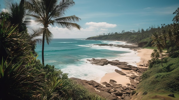 A beach with a palm tree on it