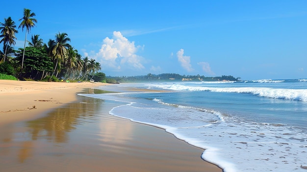 a beach with a palm tree lined shore and a blue sky