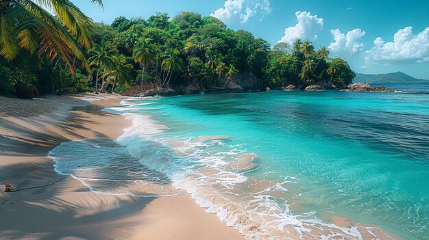 a beach with a palm tree lined shore