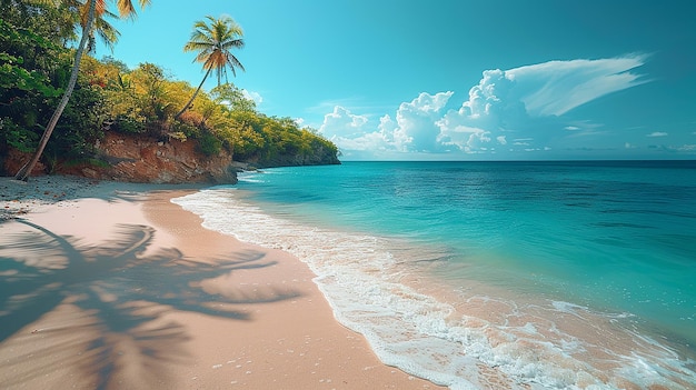 a beach with a palm tree and the ocean in the background