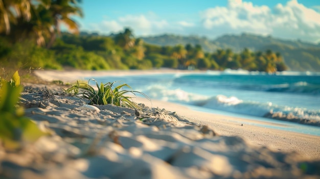 a beach with a palm tree and the ocean in the background