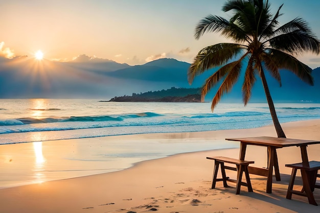 A beach with a palm tree and a picnic table on it