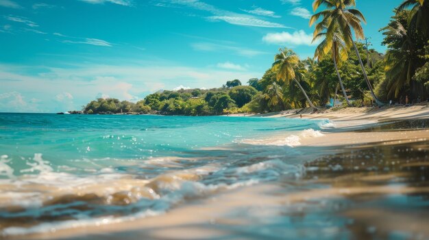 a beach with palm trees and a beach in the background