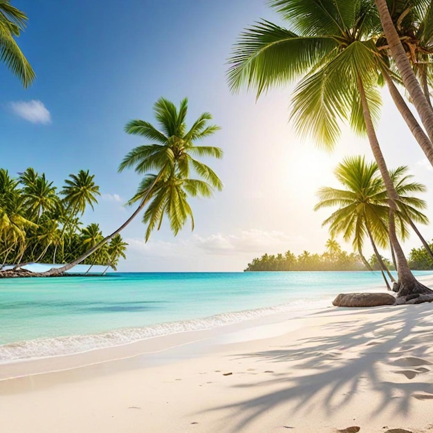 a beach with palm trees and a beach in the background