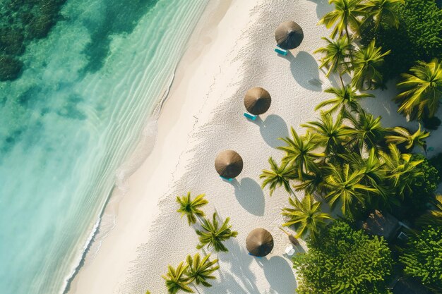 a beach with palm trees and a beach chair