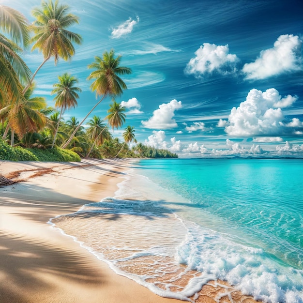 Photo a beach with palm trees and a beach with a blue sky in the background