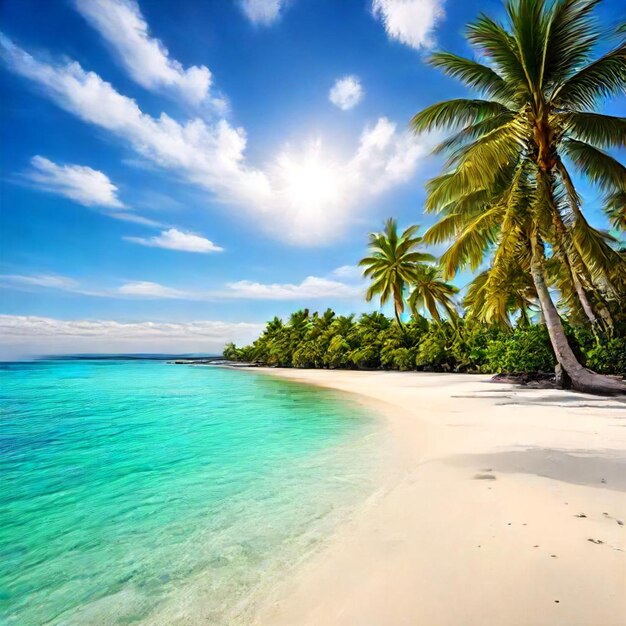 a beach with palm trees and a beach with a blue sky and the sun shining through the clouds