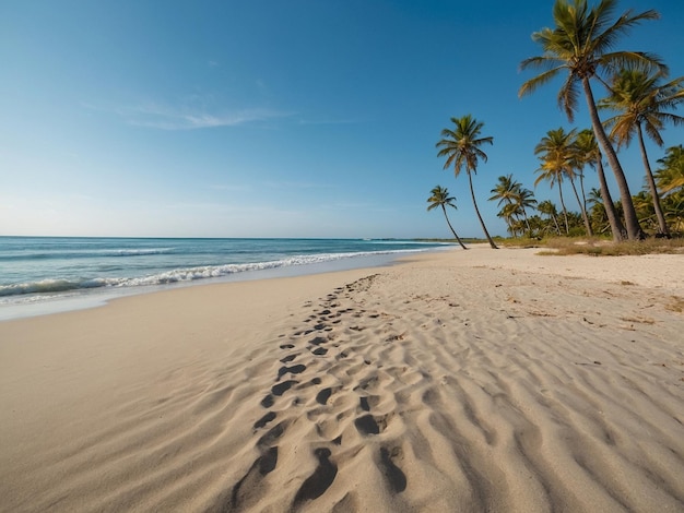 a beach with palm trees and a beach with a person in the water