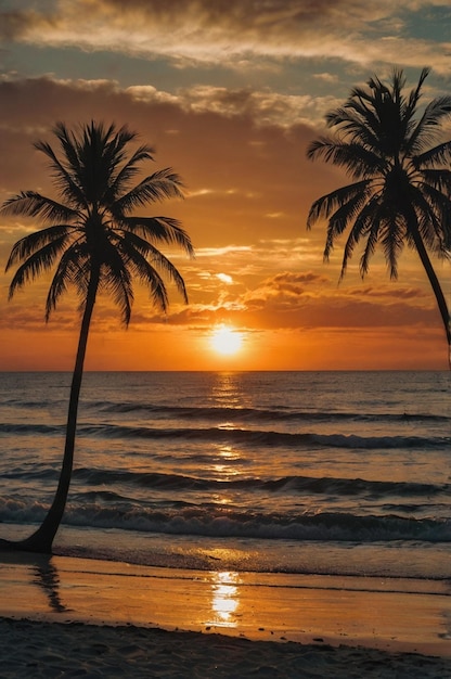 a beach with palm trees and a bench on the sand