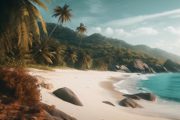 A beach with palm trees and a blue ocean in the background