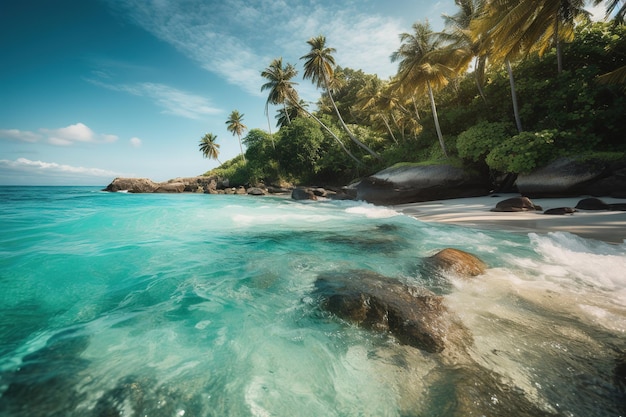 A beach with palm trees and a blue ocean