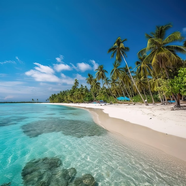 A beach with palm trees and a blue ocean