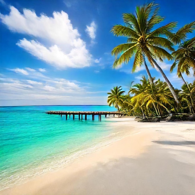 a beach with palm trees and a blue sky with clouds in the background