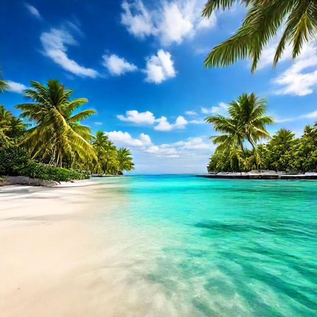 a beach with palm trees and a blue sky with clouds