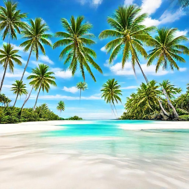 a beach with palm trees and a blue sky with clouds