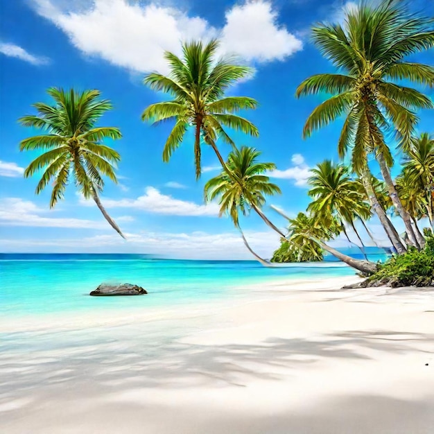 a beach with palm trees and a blue sky with clouds