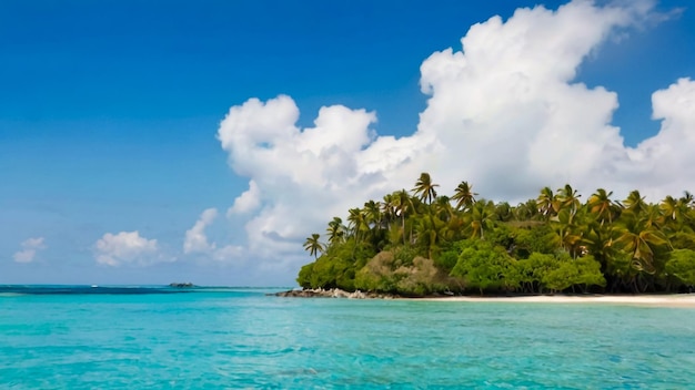 a beach with palm trees and a blue sky with clouds