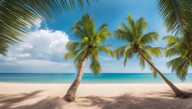 a beach with palm trees and a blue sky with clouds